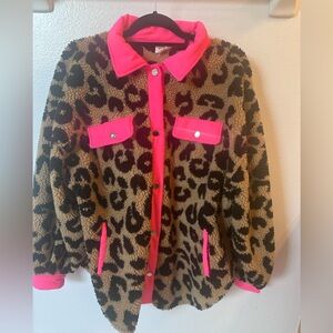 BiBi Leopard Sherpa Jacket with Hot Pink Trim